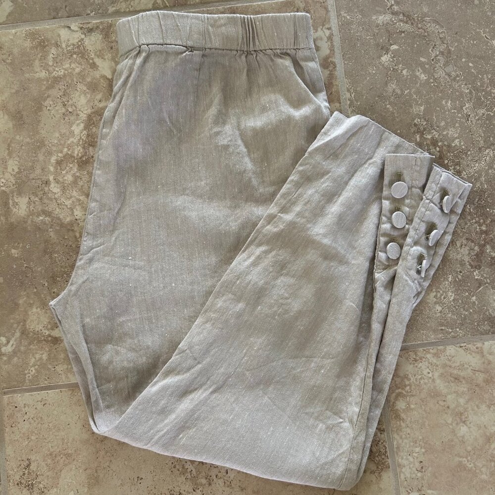 J Jill Linen Cropped Pants Side Zip Button Hem Neutral Summer Stretch Casual SZM - Picture 2 of 7